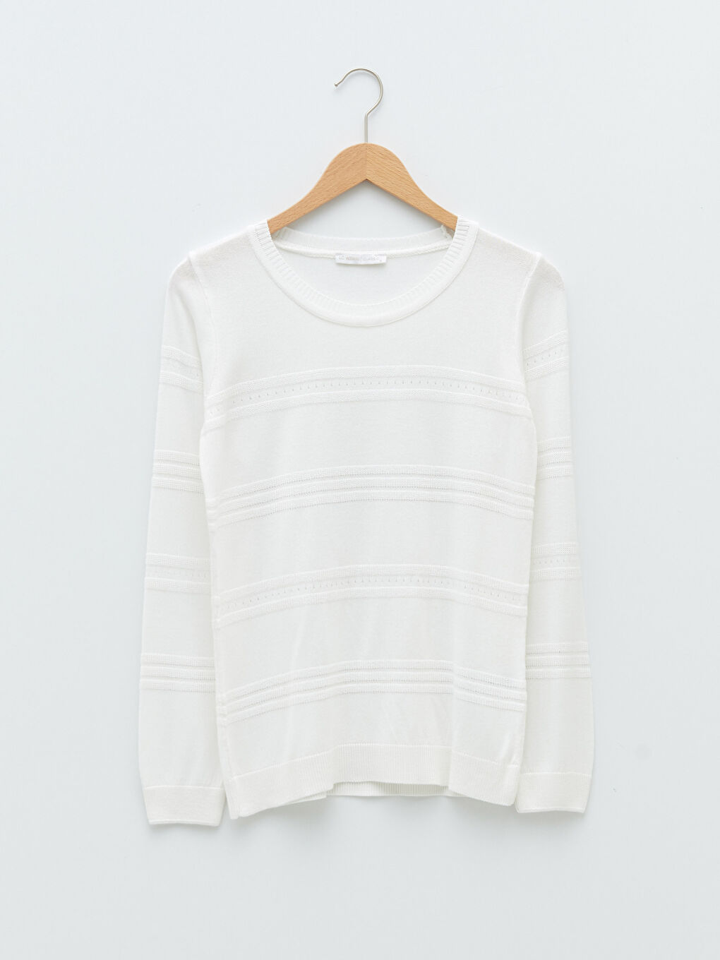 Ekru Bisiklet Yaka Kendinden Desenli Uzun Kollu Kadın Triko Kazak-5