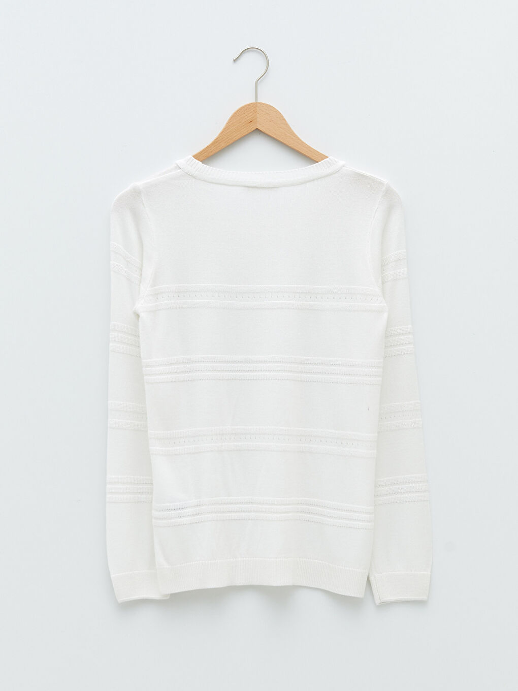 Ekru Bisiklet Yaka Kendinden Desenli Uzun Kollu Kadın Triko Kazak-6