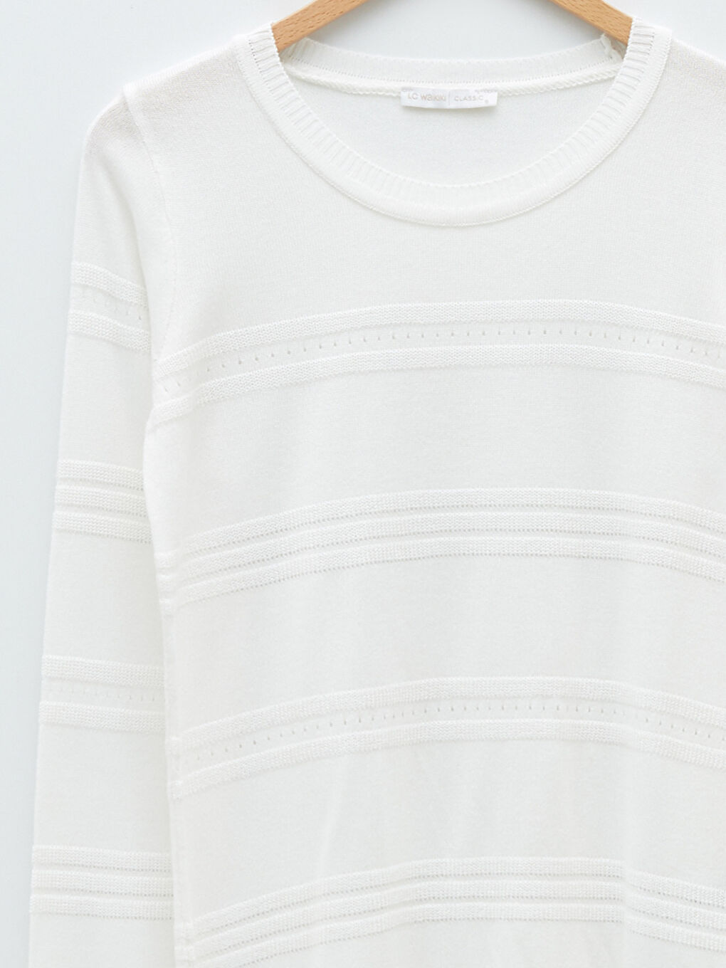 Ekru Bisiklet Yaka Kendinden Desenli Uzun Kollu Kadın Triko Kazak-7