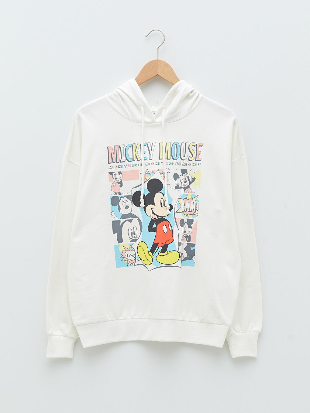 Ekru Kapüşonlu Mickey Mouse Baskılı Uzun Kollu Kadın Sweatshirt-5