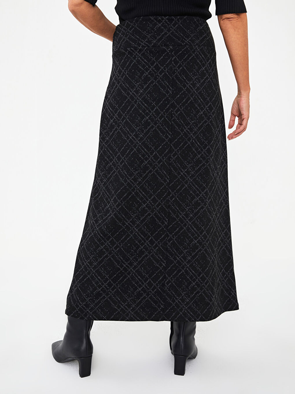 Antrasit Önden Fermuarlı Desenli A Kesim Ponte Kumaş Kadın Etek-4