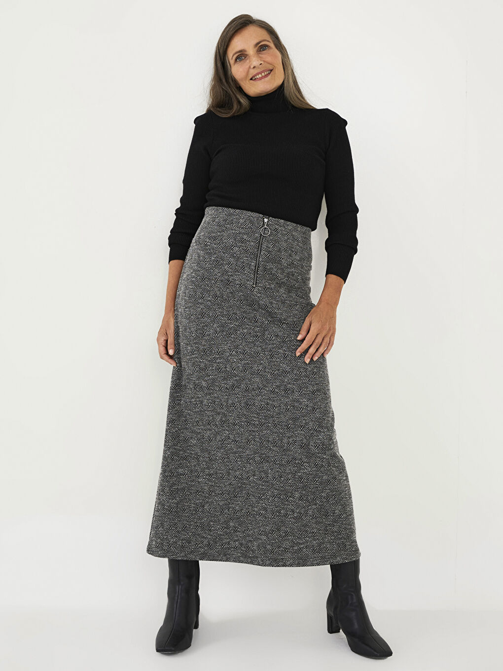 Front Zipper Patterned A Cut Ponte Fabric Women's Skirt