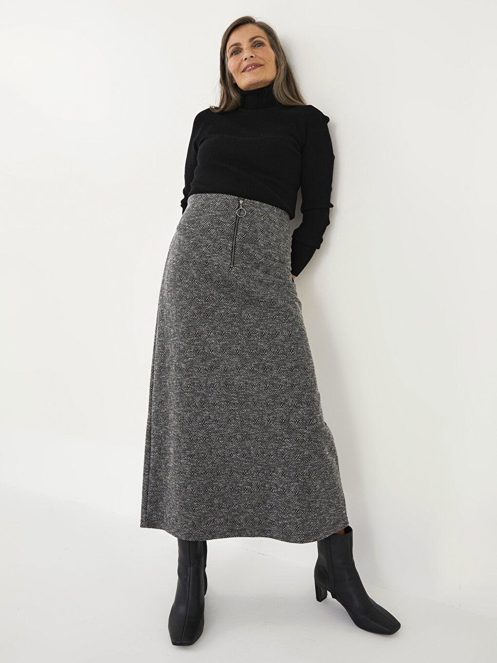 Front Zipper Patterned A Cut Ponte Fabric Women's Skirt-1