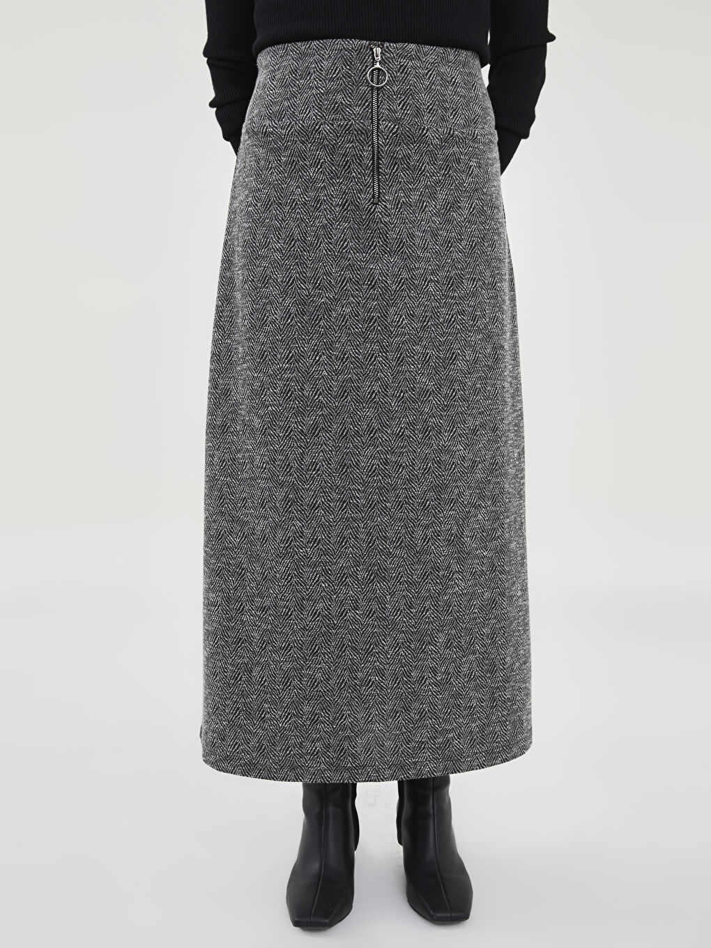 Front Zipper Patterned A Cut Ponte Fabric Women's Skirt-3