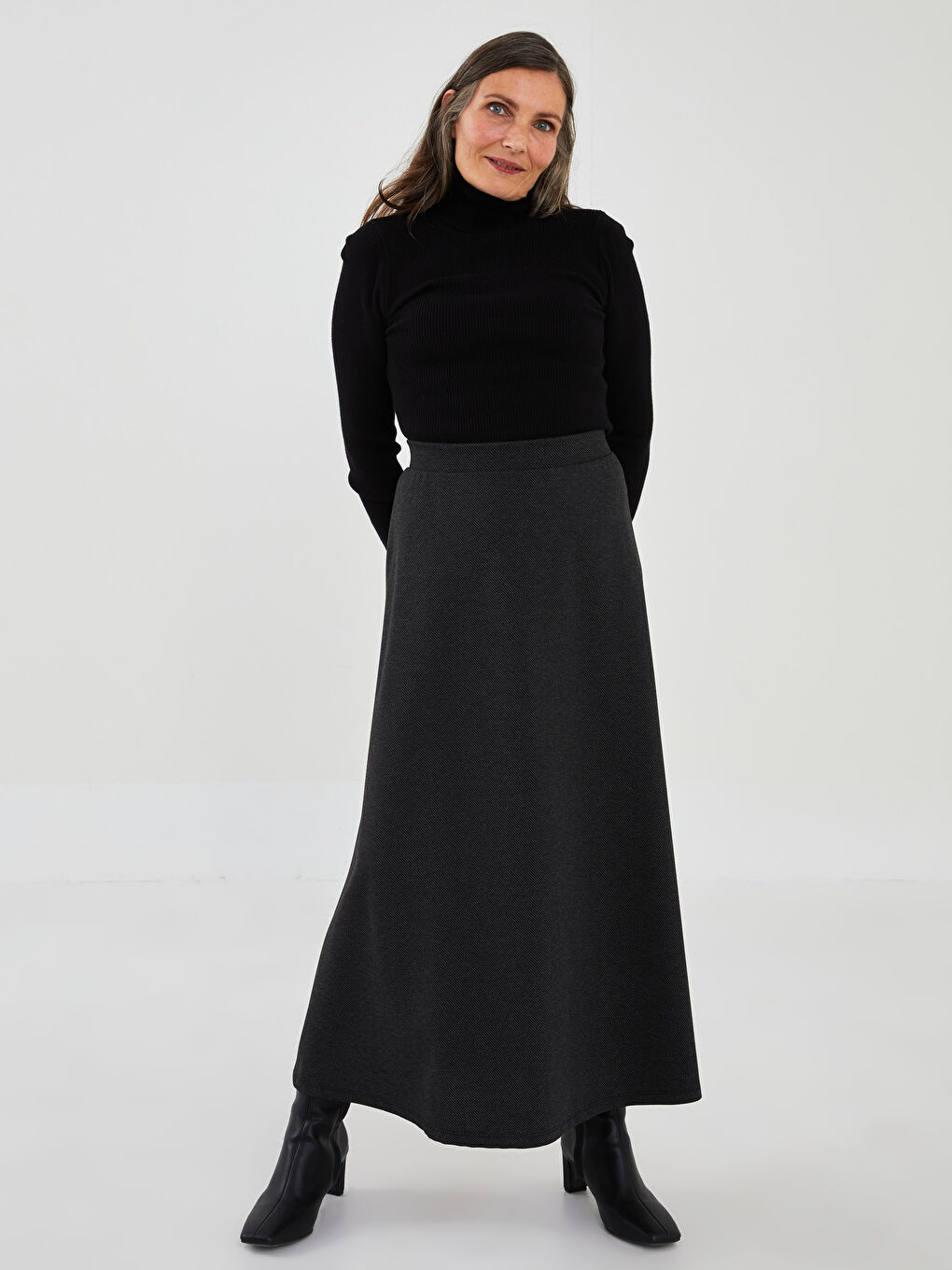 Antrasit Beli Lastikli A Kesim Düz Ponte Kumaş Kadın Etek