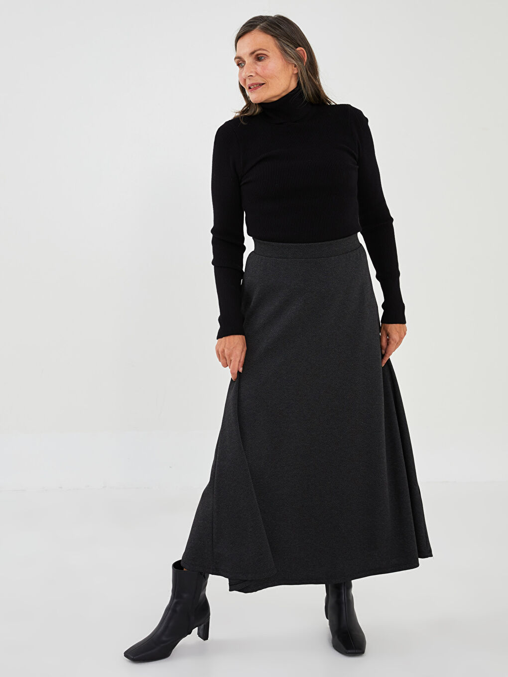 Antrasit Beli Lastikli A Kesim Düz Ponte Kumaş Kadın Etek-1