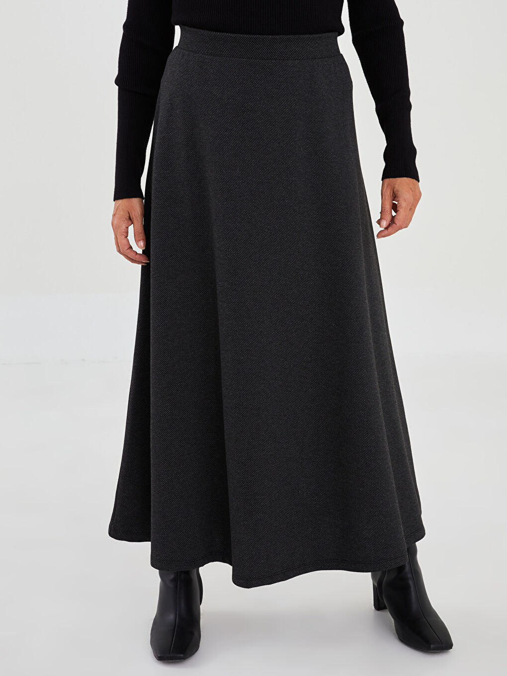 Antrasit Beli Lastikli A Kesim Düz Ponte Kumaş Kadın Etek-2