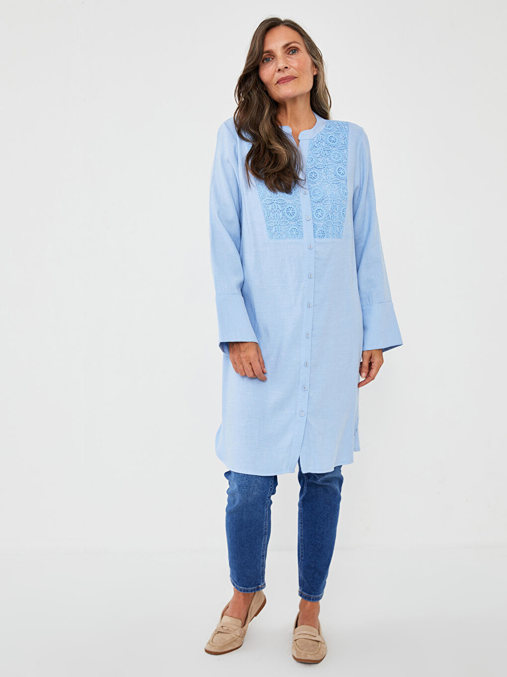 Henley Neckline Embroidered Long Sleeve Gabardine Fabric Women's Tunic-1