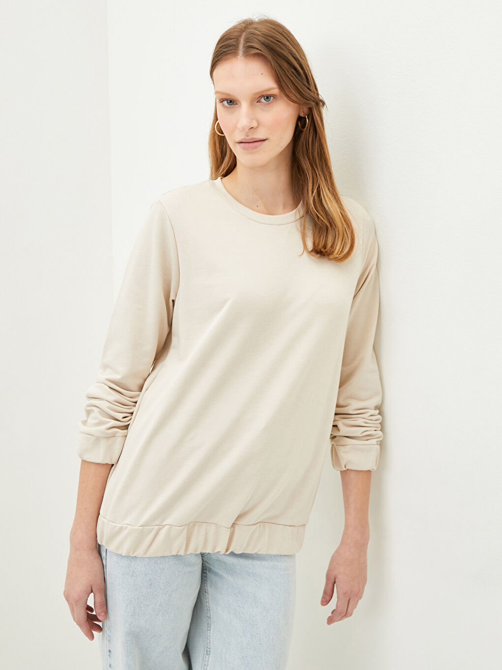 Әйелдерге арналған өрнексіз дөңгелек жағалы ұзын жең свитшот-1