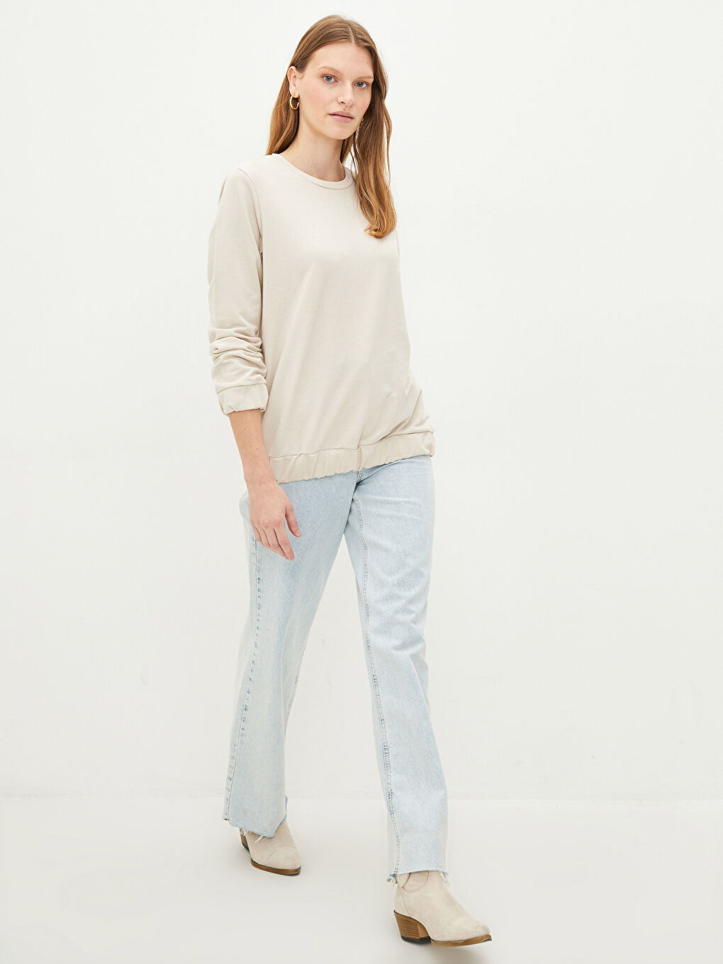 Әйелдерге арналған өрнексіз дөңгелек жағалы ұзын жең свитшот-2