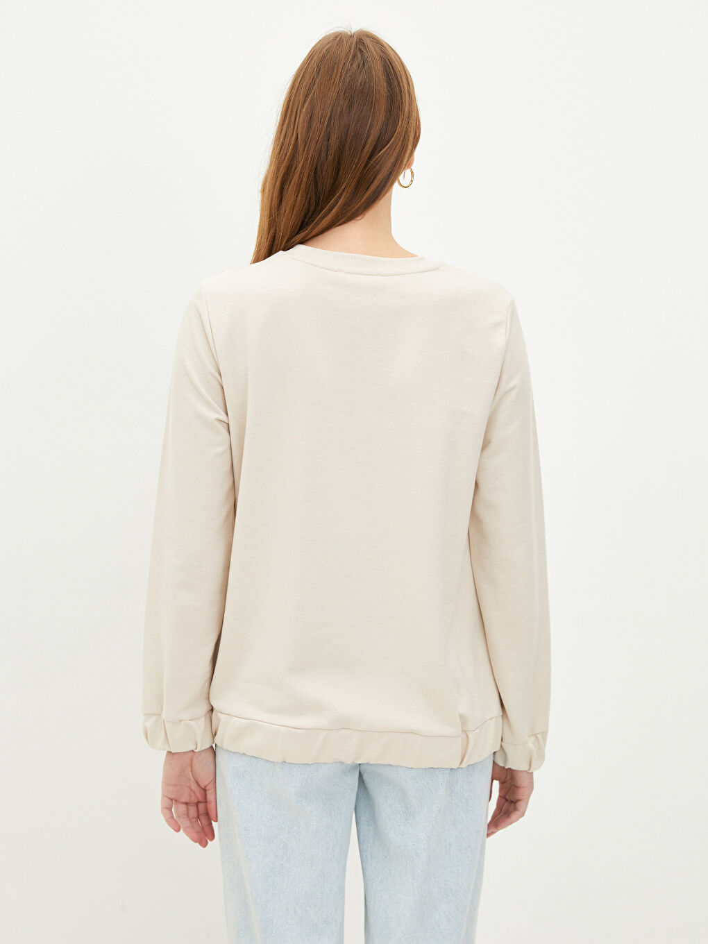 Әйелдерге арналған өрнексіз дөңгелек жағалы ұзын жең свитшот-4