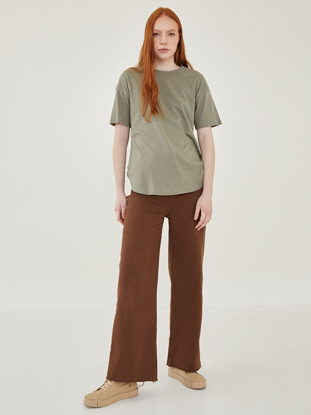 Yeşil Bisiklet Yaka Düz Kısa Kollu Kadın Tişört-2