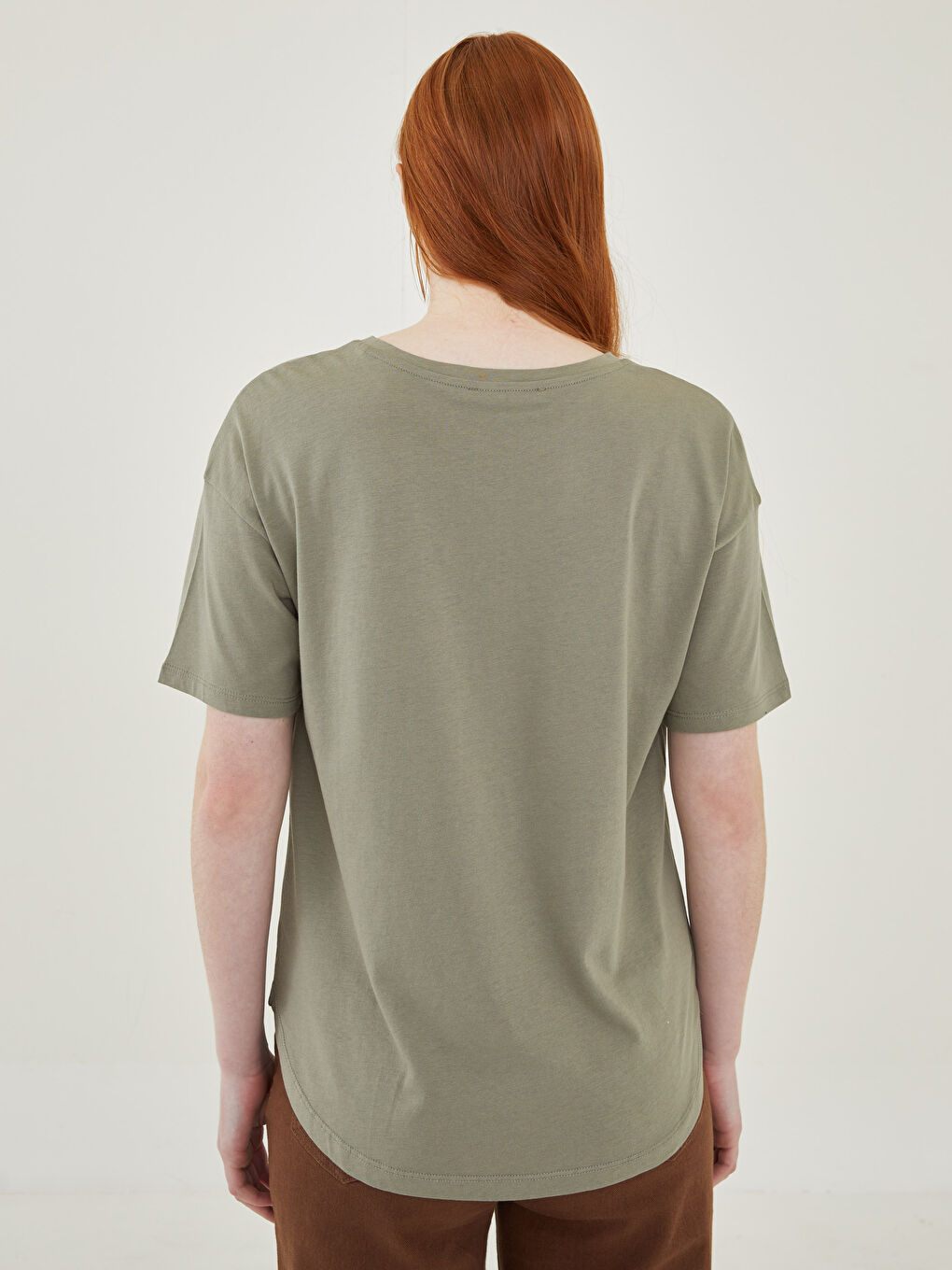 Yeşil Bisiklet Yaka Düz Kısa Kollu Kadın Tişört-4