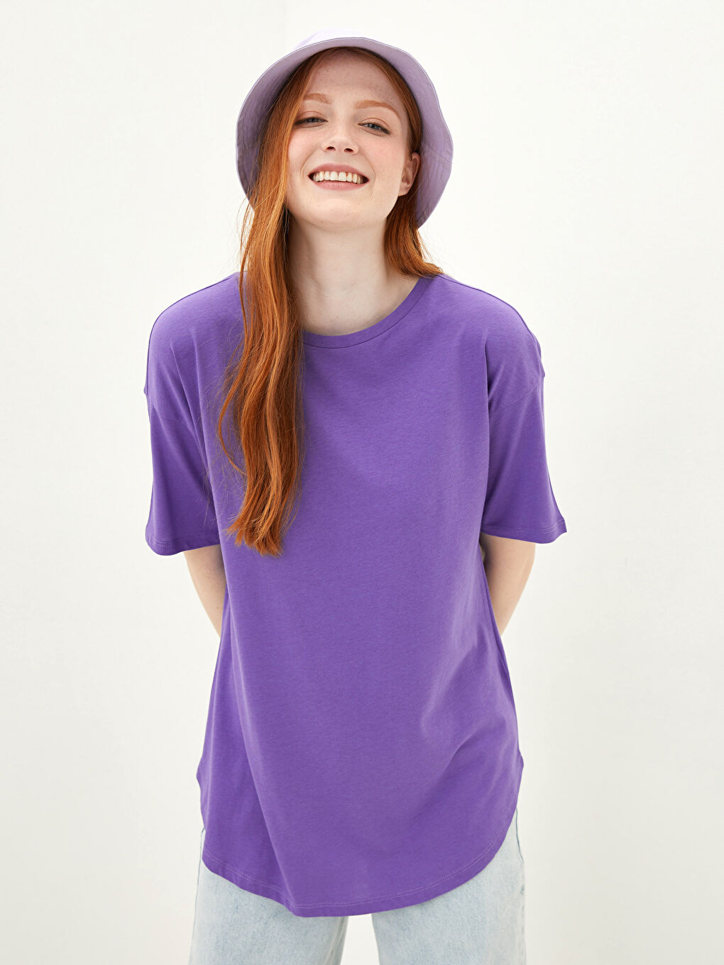 Mor Bisiklet Yaka Düz Kısa Kollu Kadın Tişört