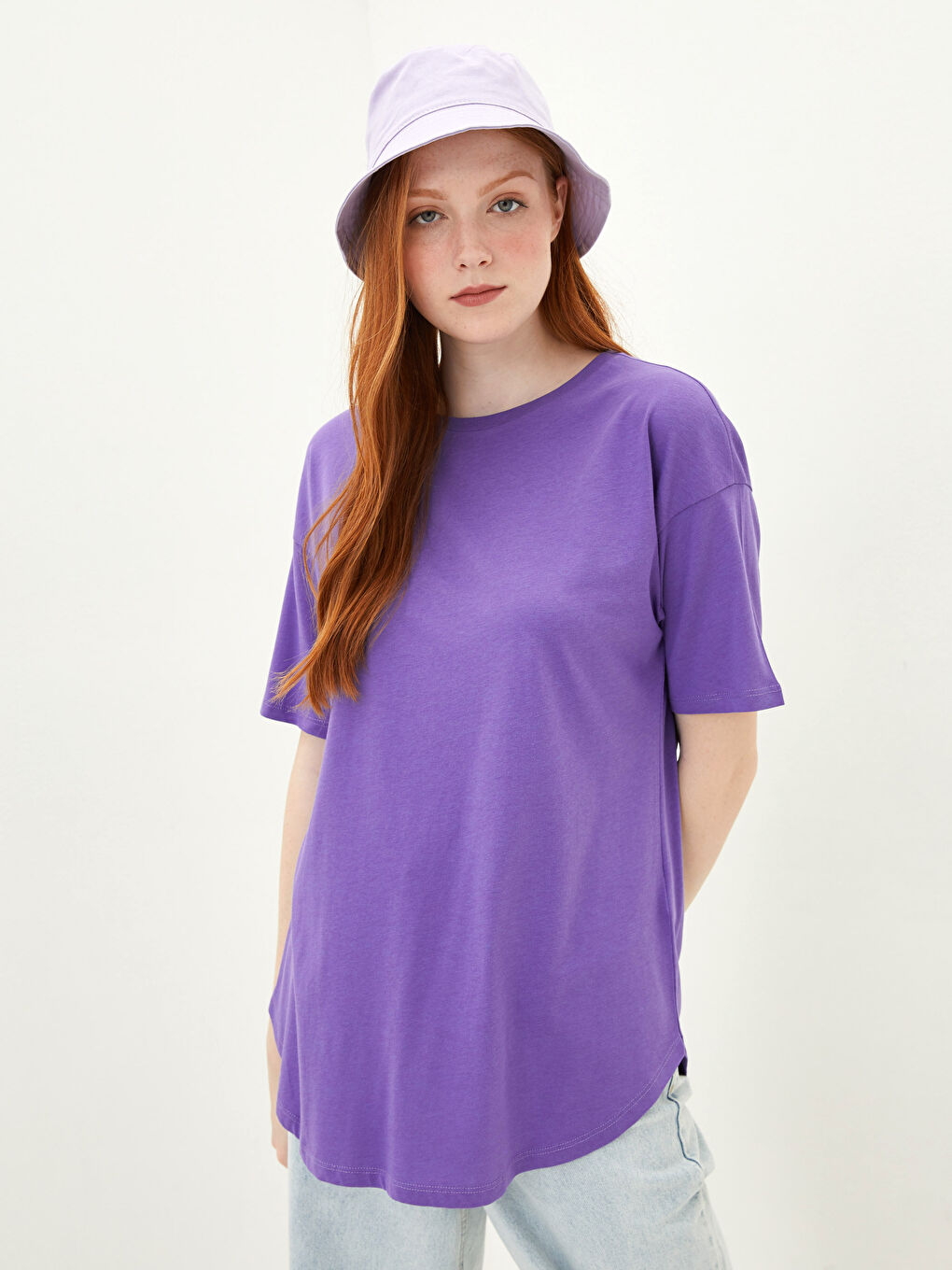 Mor Bisiklet Yaka Düz Kısa Kollu Kadın Tişört-1