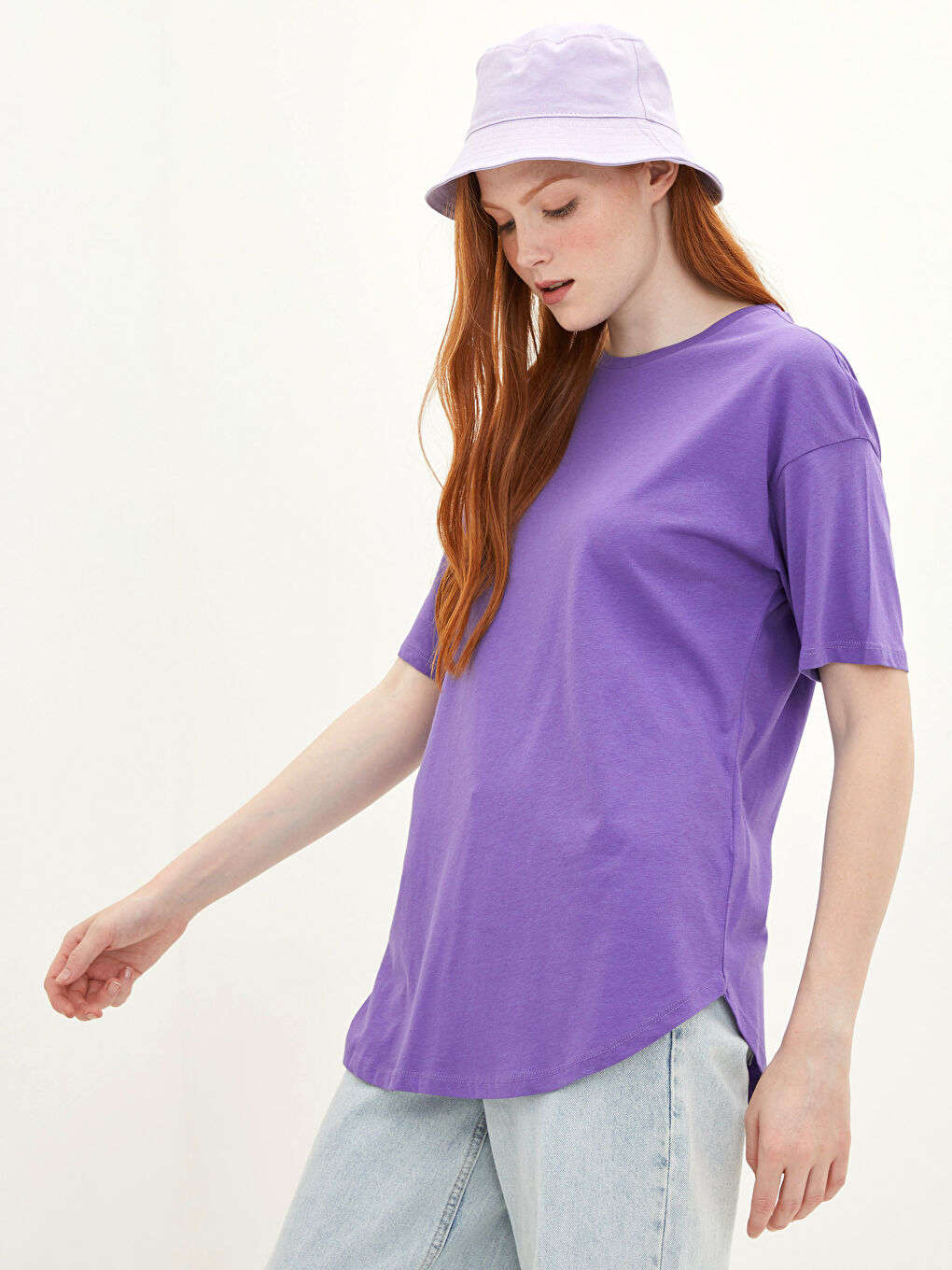 Mor Bisiklet Yaka Düz Kısa Kollu Kadın Tişört-2