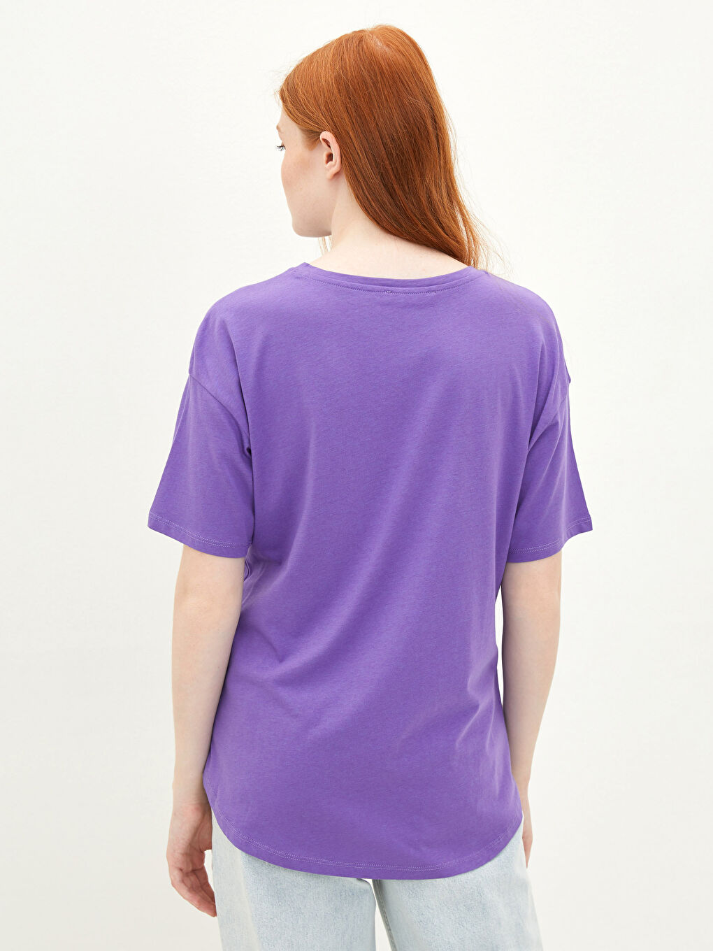 Mor Bisiklet Yaka Düz Kısa Kollu Kadın Tişört-5