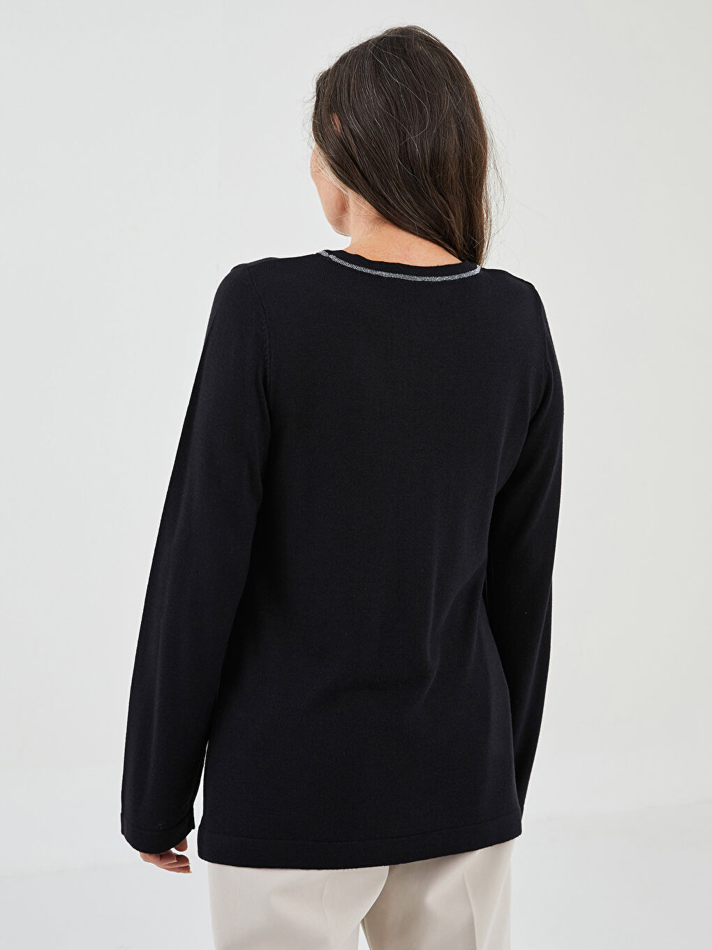 Свитер из трикотажа с длинным рукавом и полосатой отделкой, круглый вырез, для женщин-4