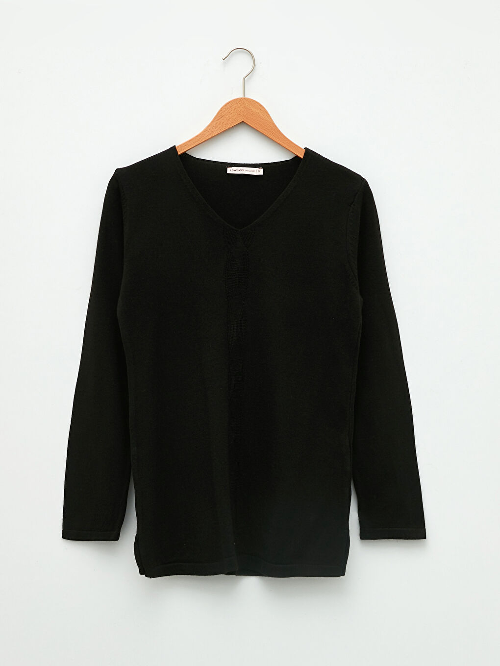 Siyah V Yaka Kendinden Desenli Uzun Kollu Kadın Triko Kazak-5