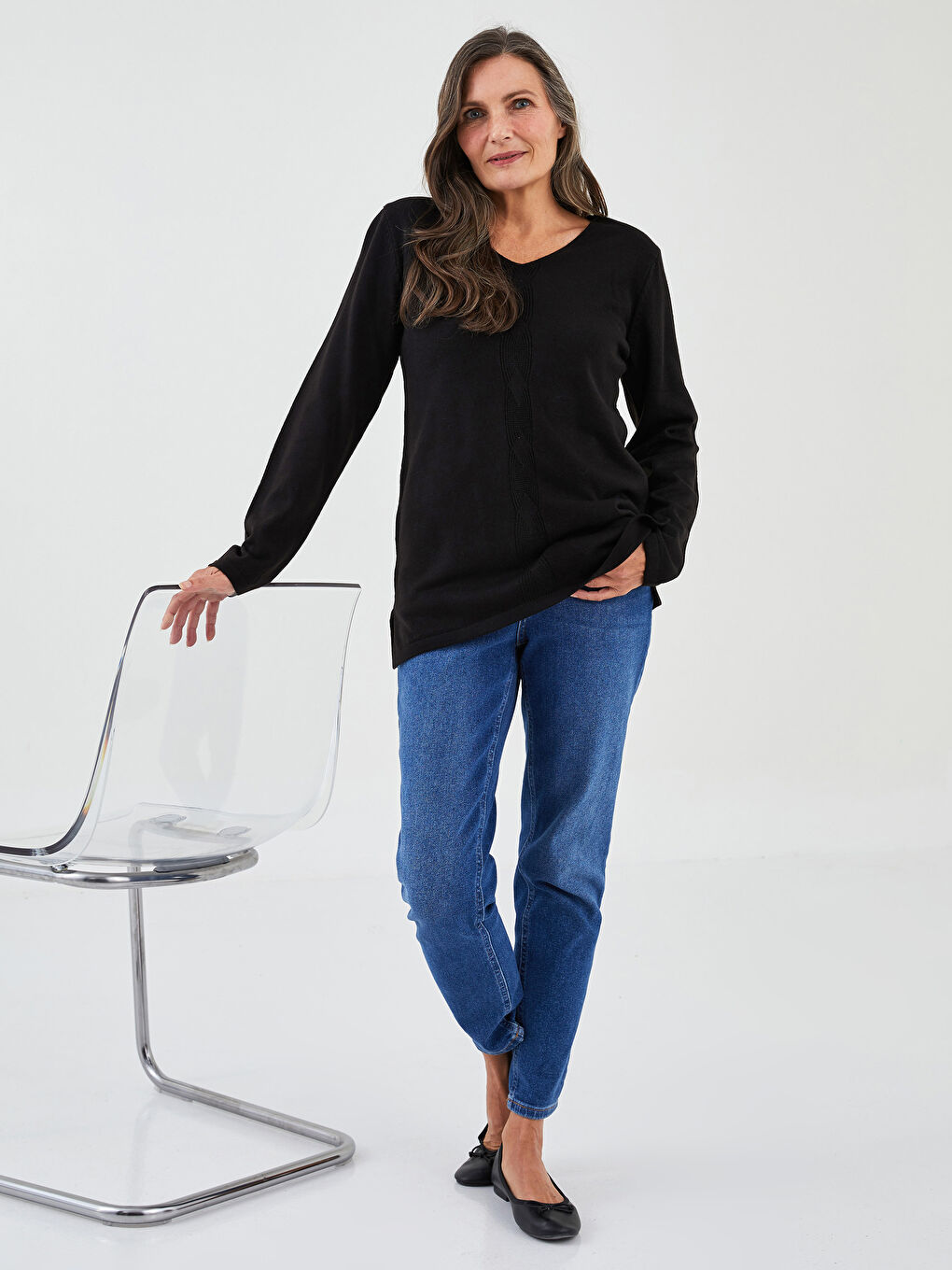 Siyah V Yaka Kendinden Desenli Uzun Kollu Kadın Triko Kazak-3