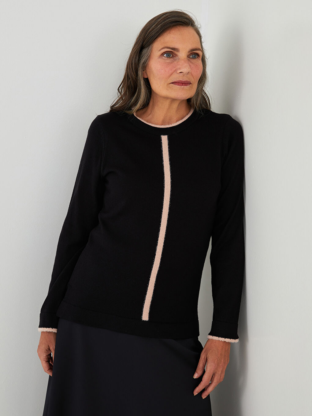 سترة تريكو بياقة دائرية كم طويل منقوشة للسيدات-2