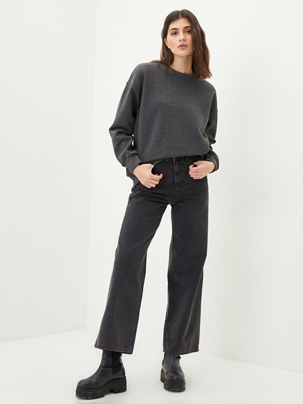 Hanorac Gros Simplu cu Guler Rotund pentru Femei-1