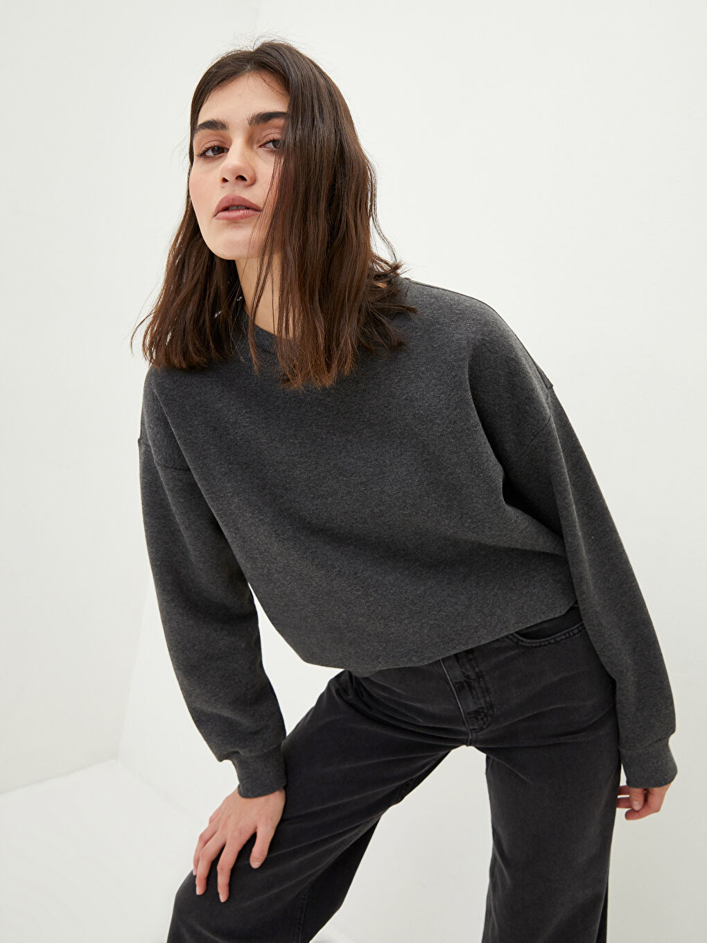 Hanorac Gros Simplu cu Guler Rotund pentru Femei-2