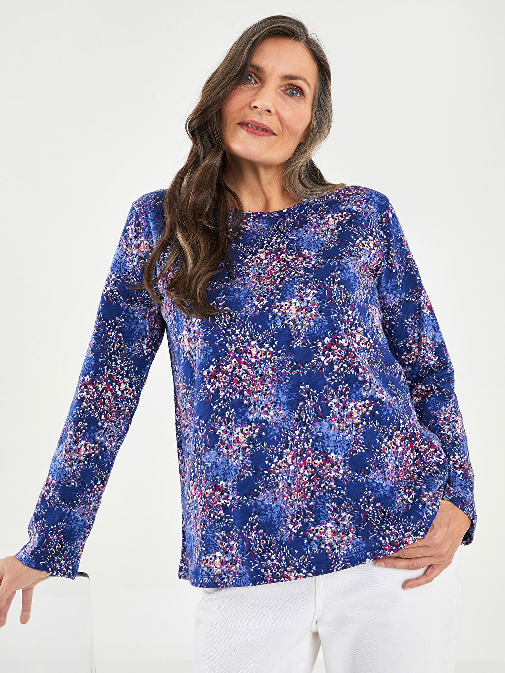 Crew Neck Floral Long Sleeve Cotton Women's T-Shirt