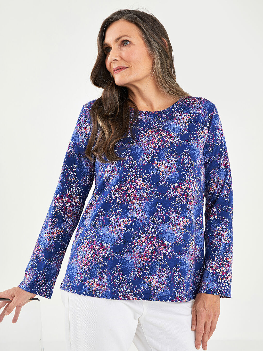 Crew Neck Floral Long Sleeve Cotton Women's T-Shirt-1