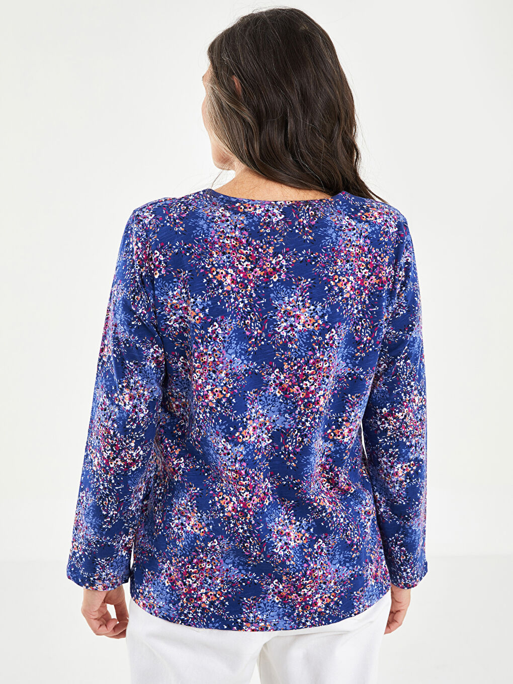 Crew Neck Floral Long Sleeve Cotton Women's T-Shirt-4
