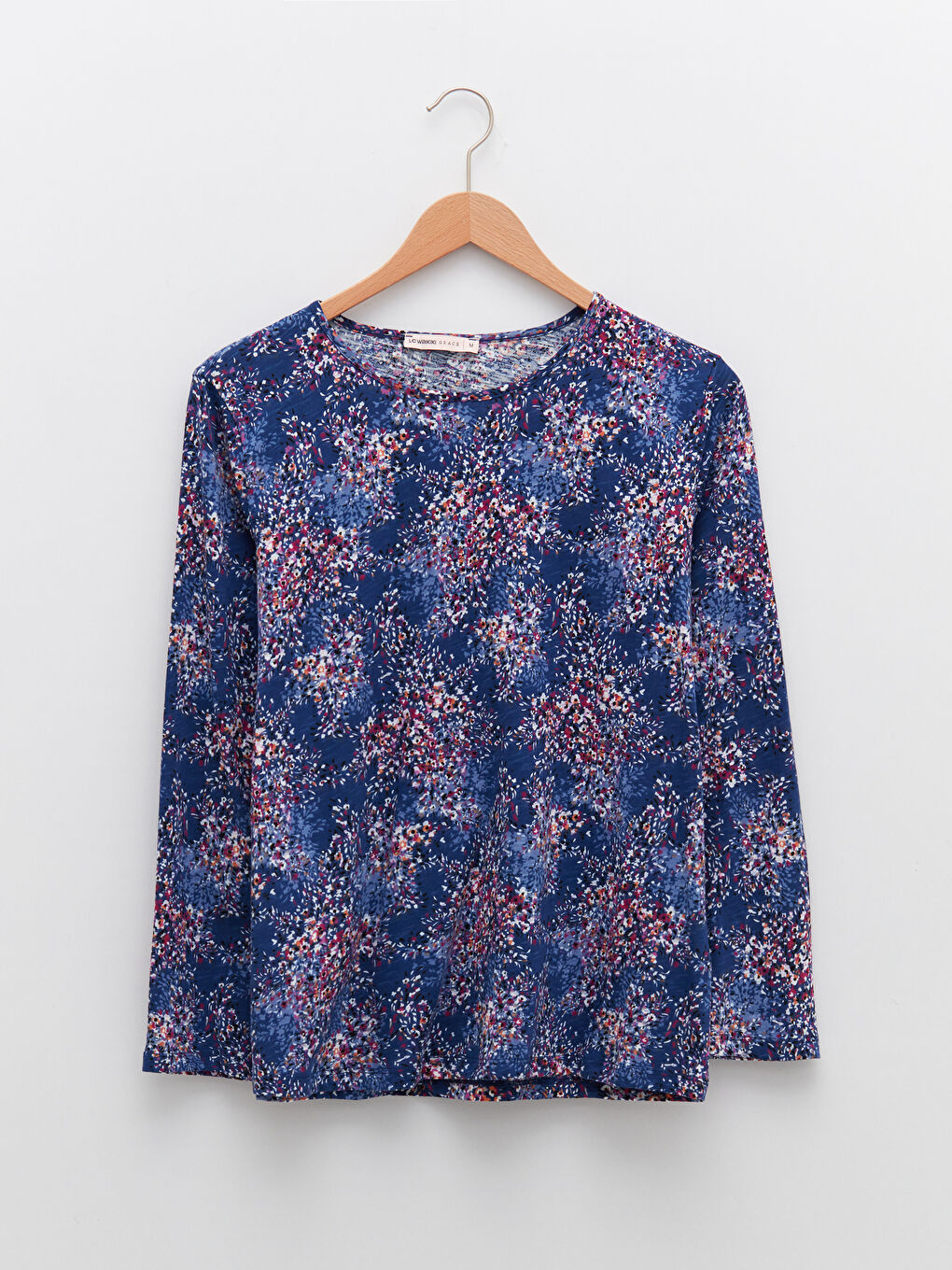 Crew Neck Floral Long Sleeve Cotton Women's T-Shirt-5