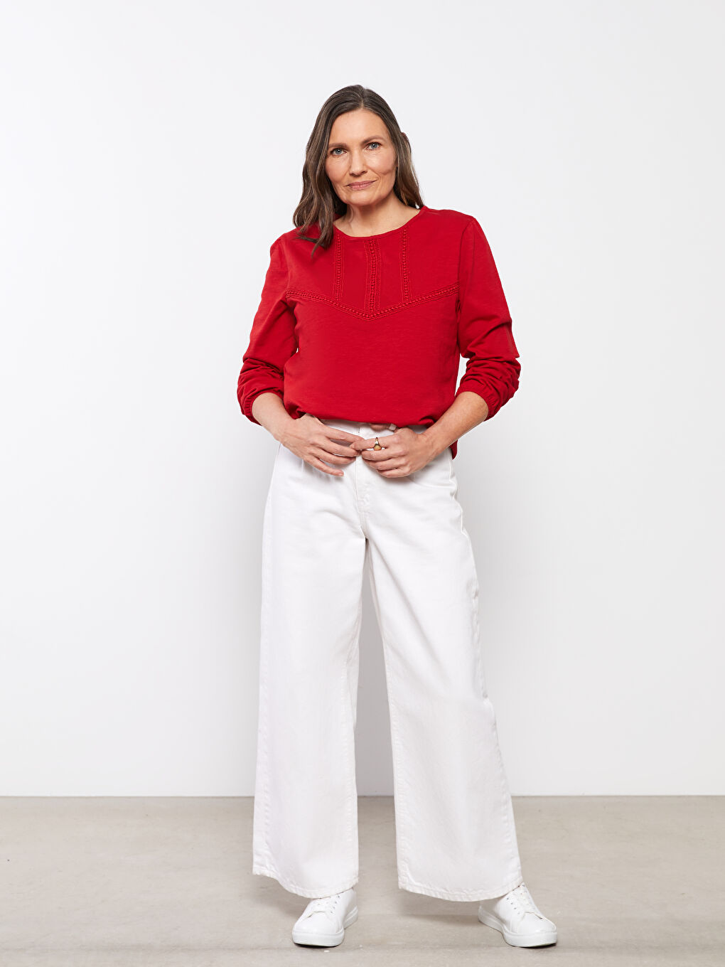Crew Neck Embroidered Long Sleeve Cotton Women's T-Shirt