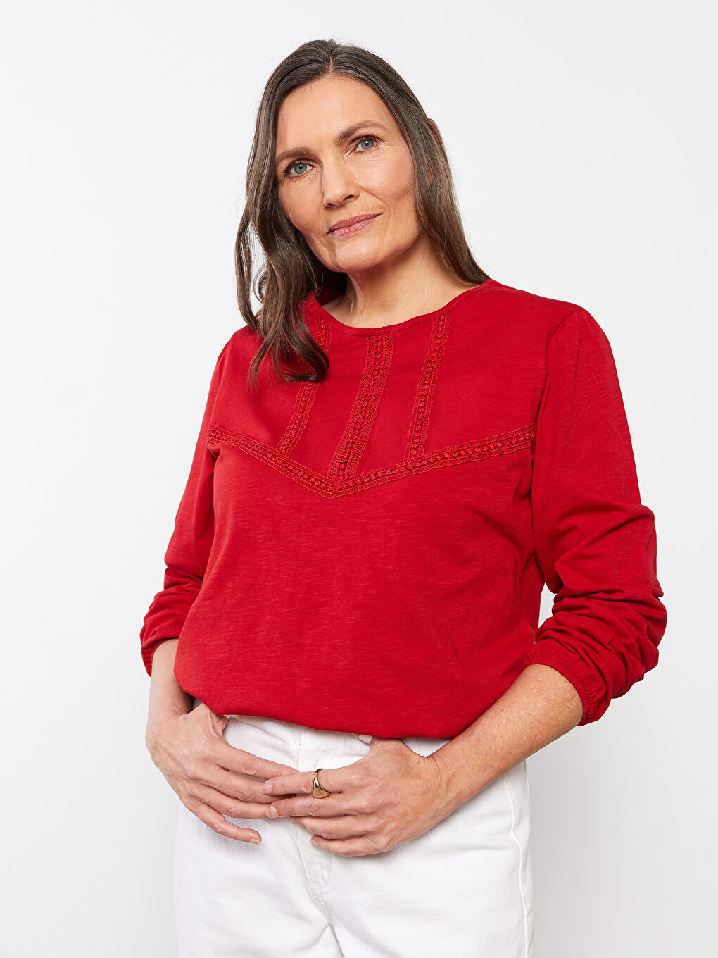 Crew Neck Embroidered Long Sleeve Cotton Women's T-Shirt-1