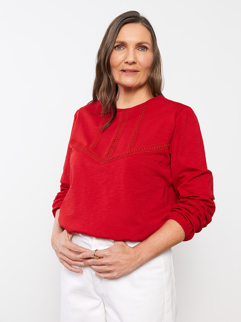 Crew Neck Embroidered Long Sleeve Cotton Women's T-Shirt-2