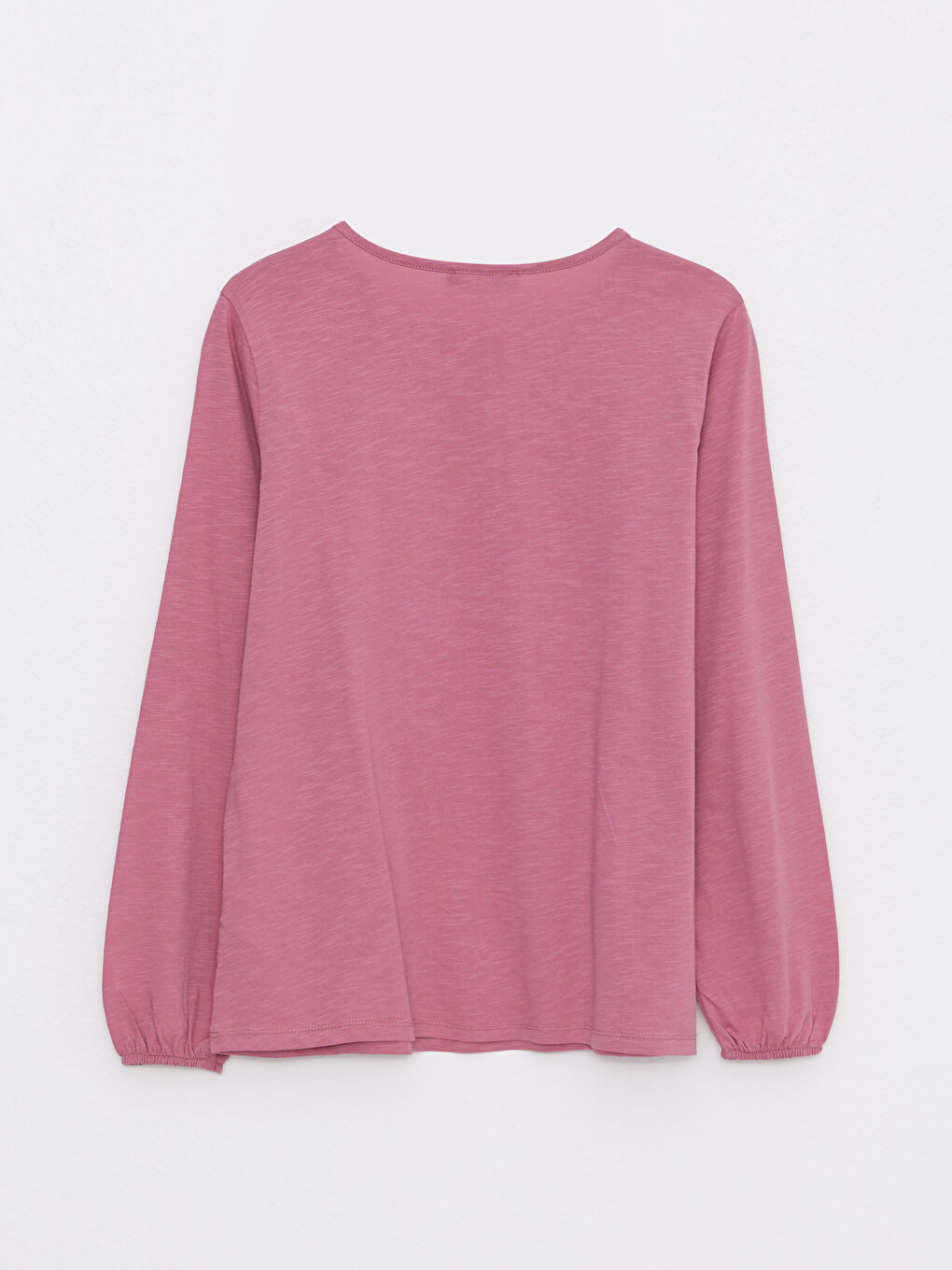 Pembe Bisiklet Yaka Nakışlı Uzun Kollu Pamuklu Kadın Tişört-6