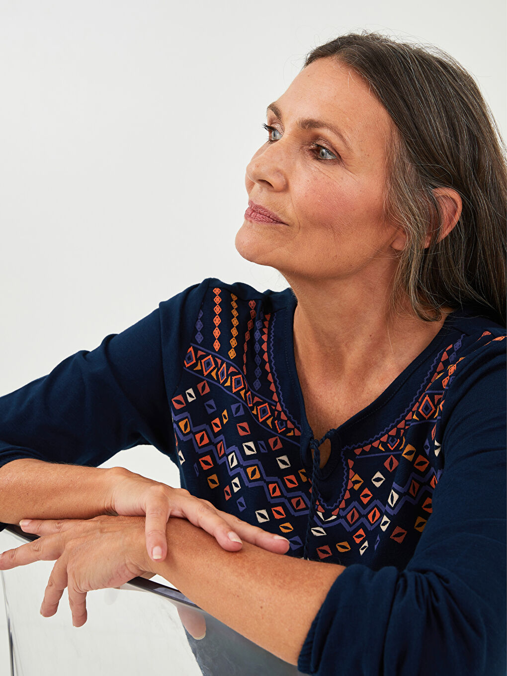 Tie Collar Ethnic Patterned Long Sleeve Cotton Women's Blouse