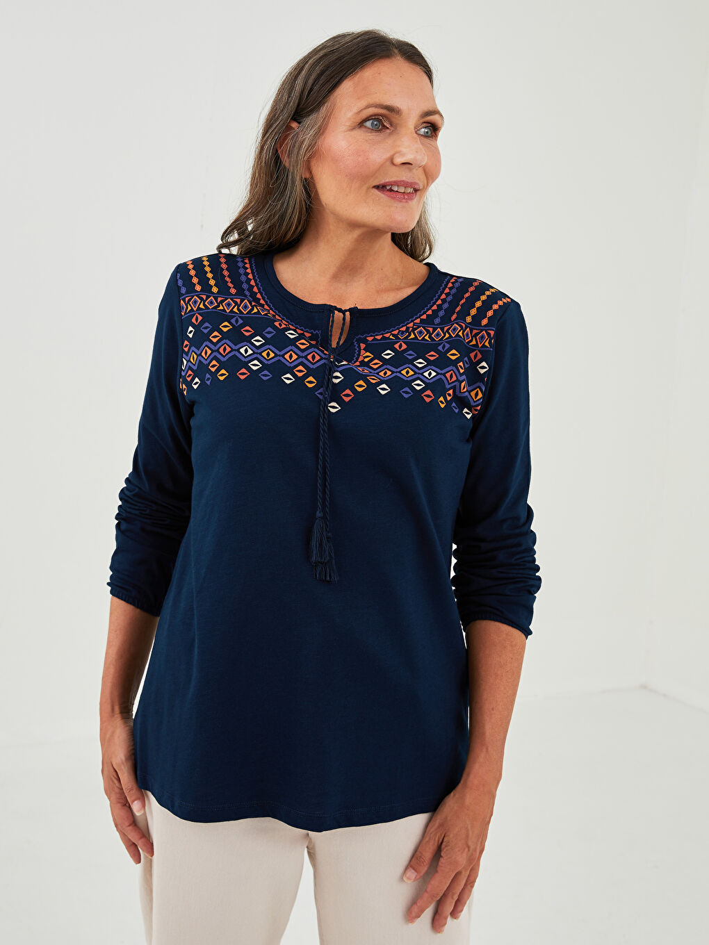 Tie Collar Ethnic Patterned Long Sleeve Cotton Women's Blouse-1