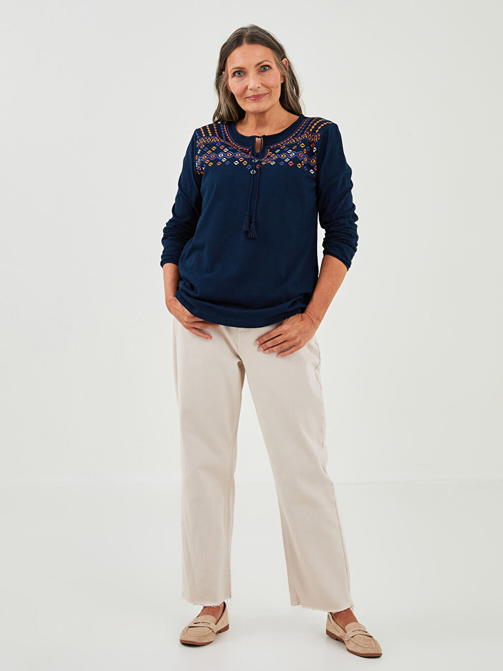 Tie Collar Ethnic Patterned Long Sleeve Cotton Women's Blouse-2