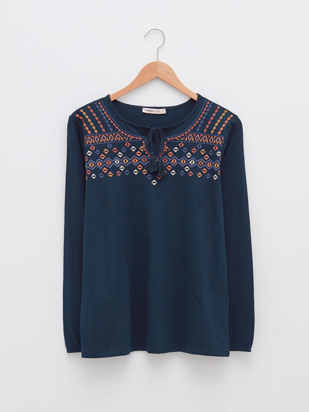 Tie Collar Ethnic Patterned Long Sleeve Cotton Women's Blouse-4