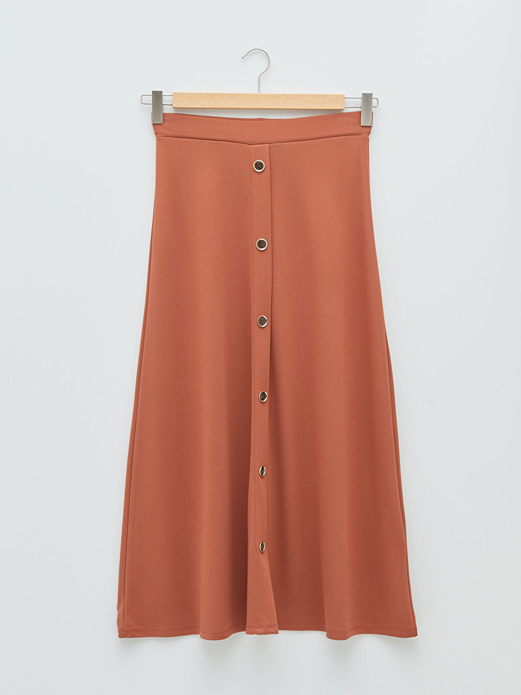 Kahverengi Kadın Beli Lastikli Düz Kloş Etek-5