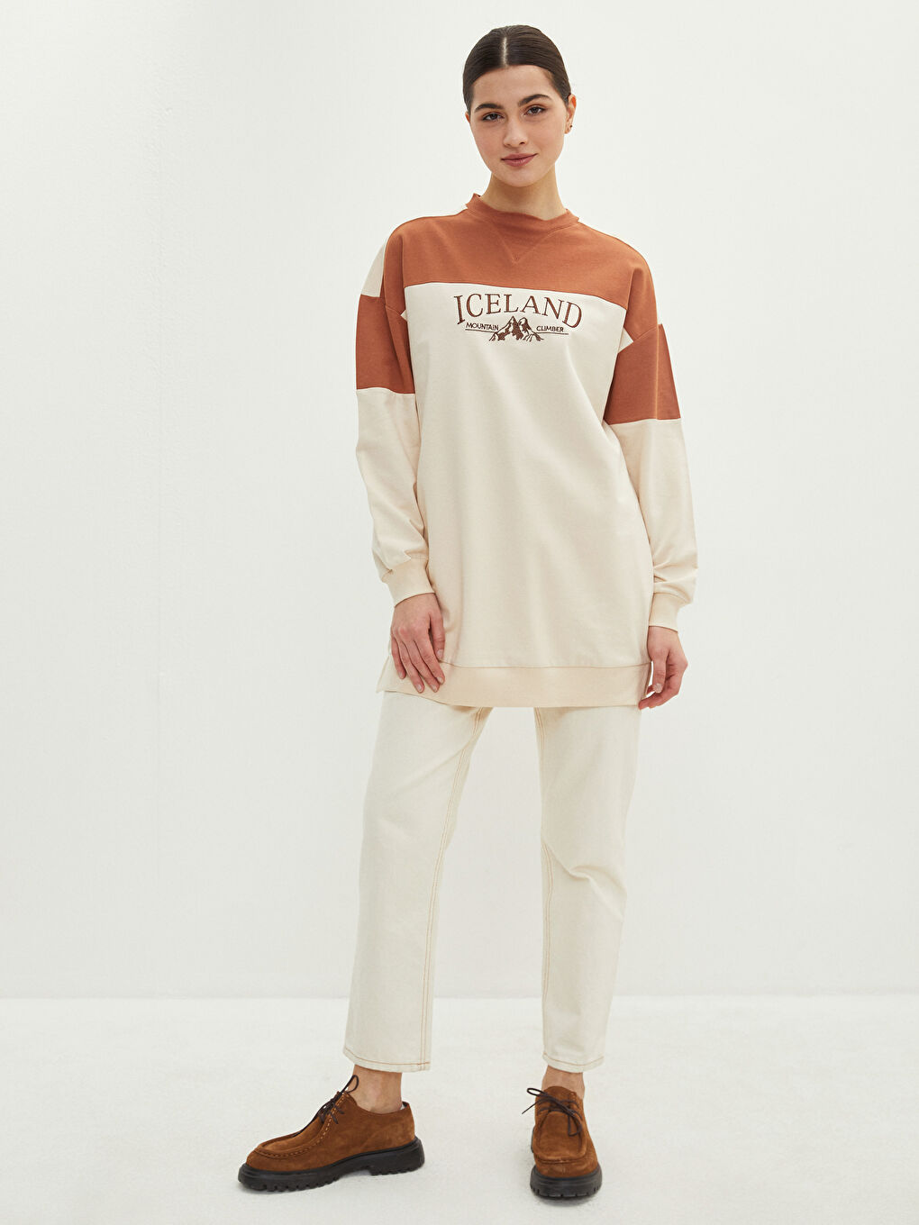LCW Modest Crew Neck Color Block Long Sleeve Cotton Women's Sweatshirt Tunic -W1IH94Z8-DF7