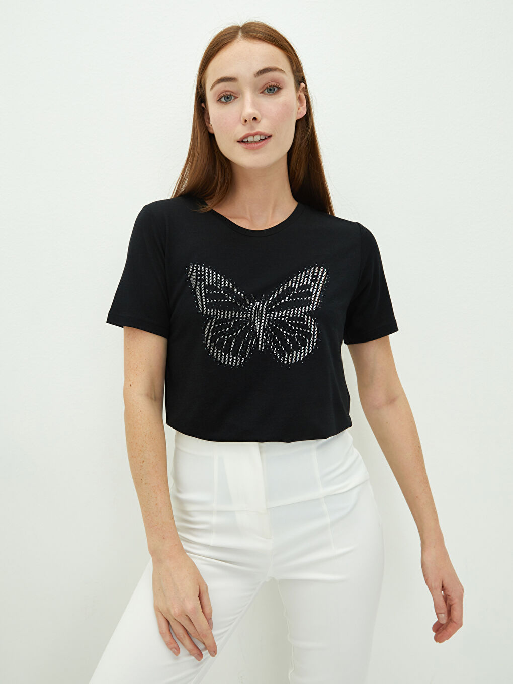 Siyah Bisiklet Yaka Taşlı Kısa Kollu Kadın Tişört-1