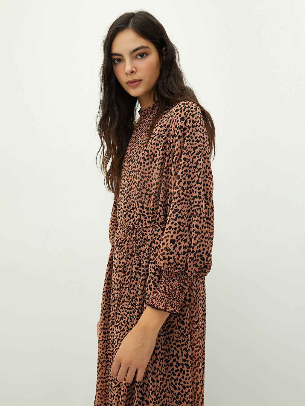 Pembe Fırfırlı Dik Yaka Desenli Uzun Kollu Kadın Elbise-2