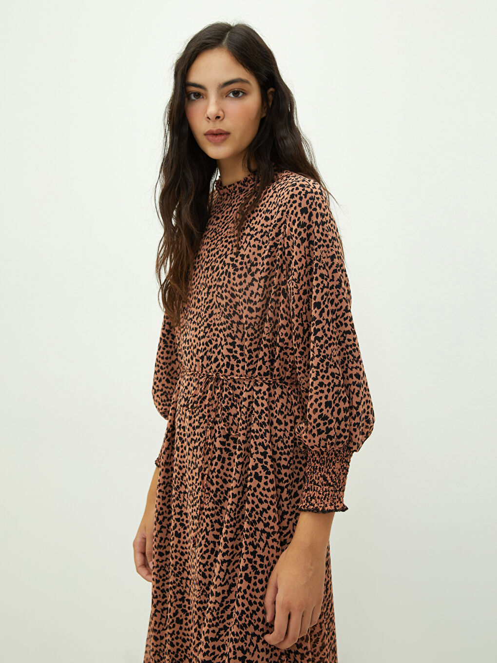 Pembe Fırfırlı Dik Yaka Desenli Uzun Kollu Kadın Elbise-3