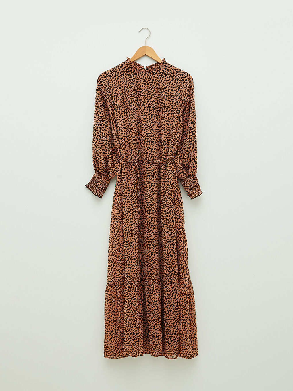 Pembe Fırfırlı Dik Yaka Desenli Uzun Kollu Kadın Elbise-6