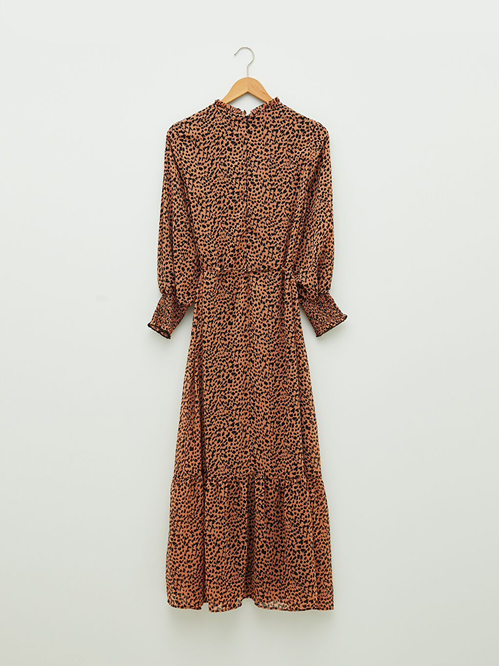 Pembe Fırfırlı Dik Yaka Desenli Uzun Kollu Kadın Elbise-7