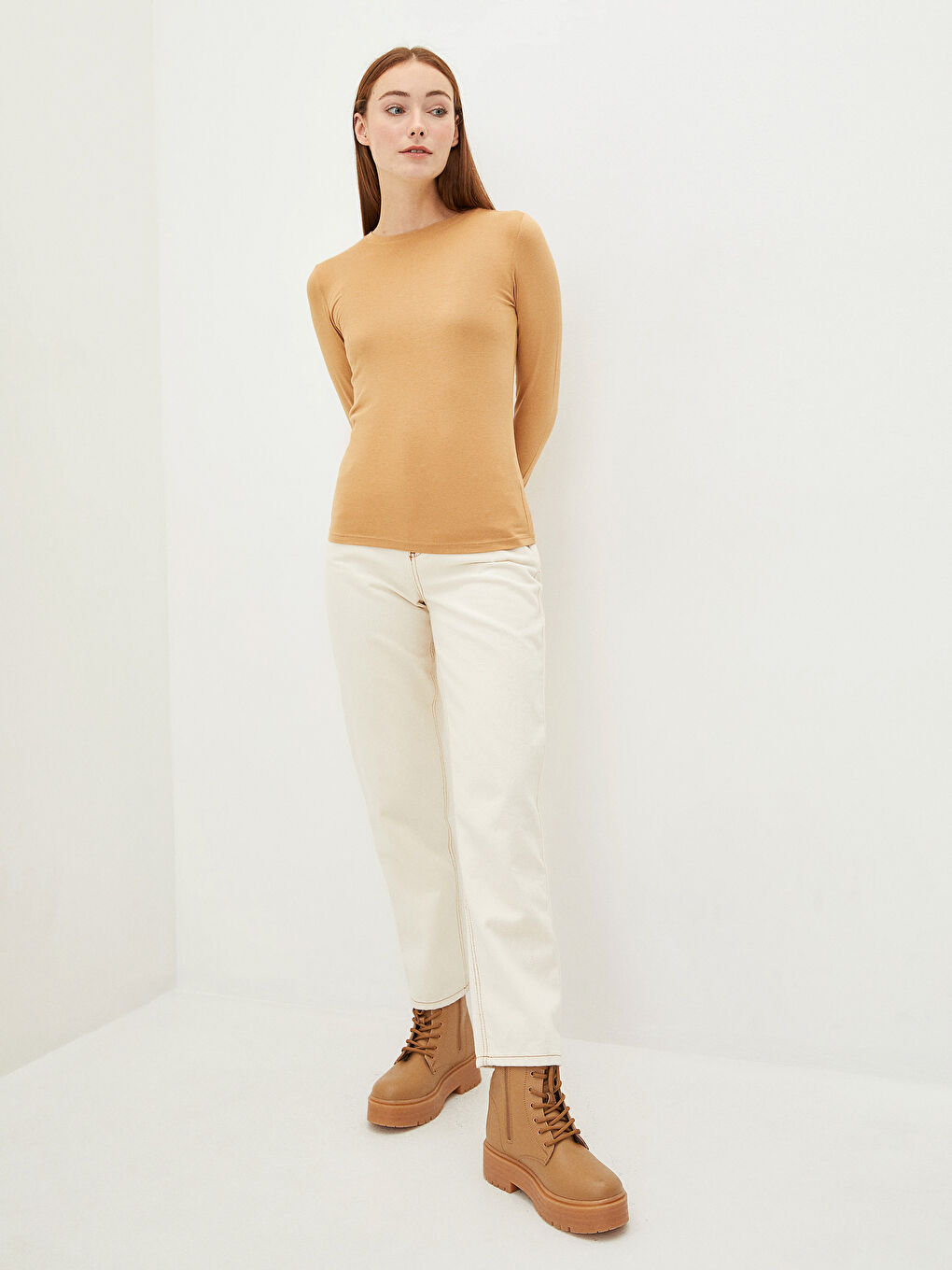 Crew Neck Plain Long Sleeve Women's T-Shirt-1