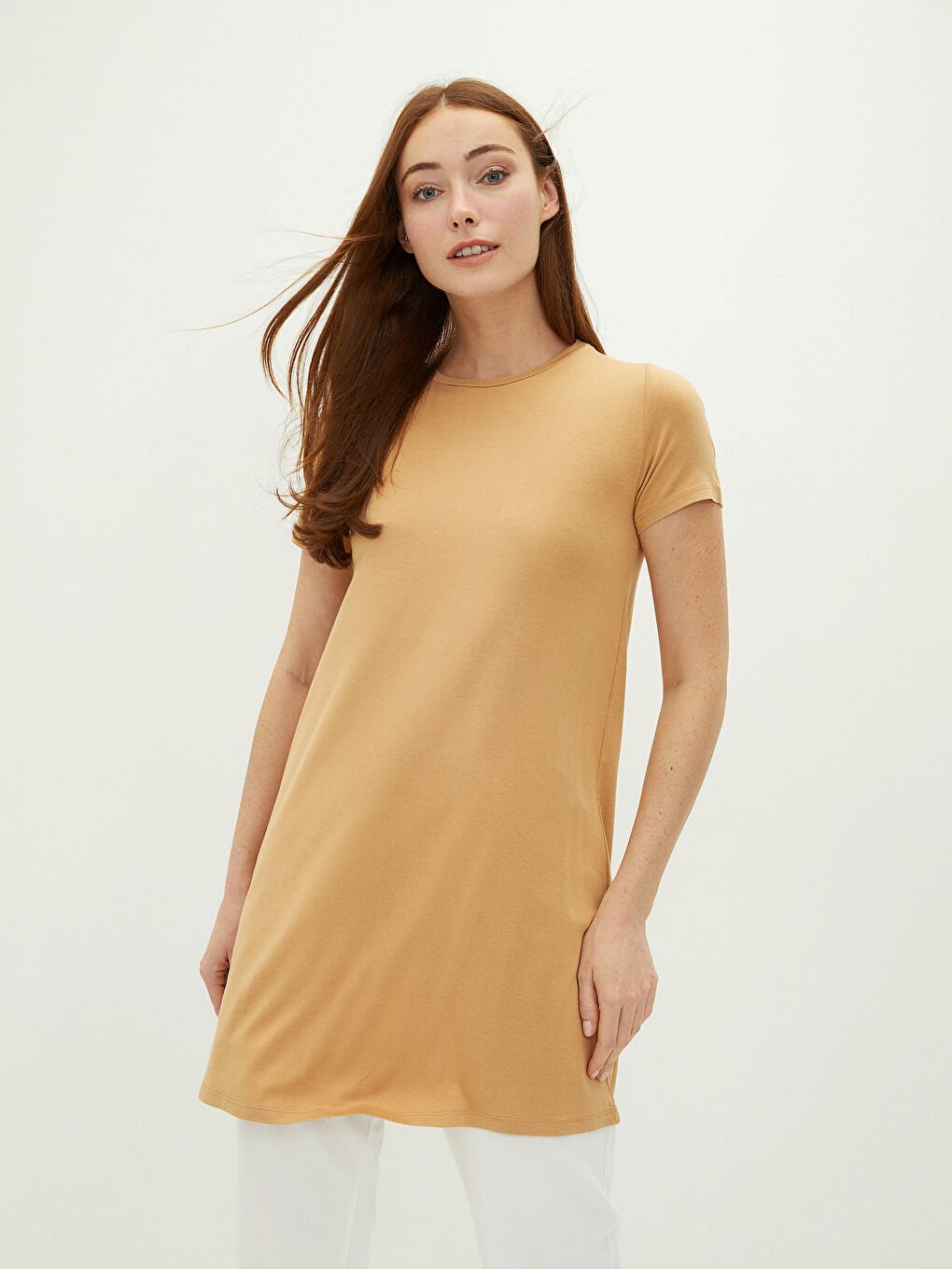 Kahverengi Bisiklet Yaka Düz Kısa Kollu Kadın Tunik