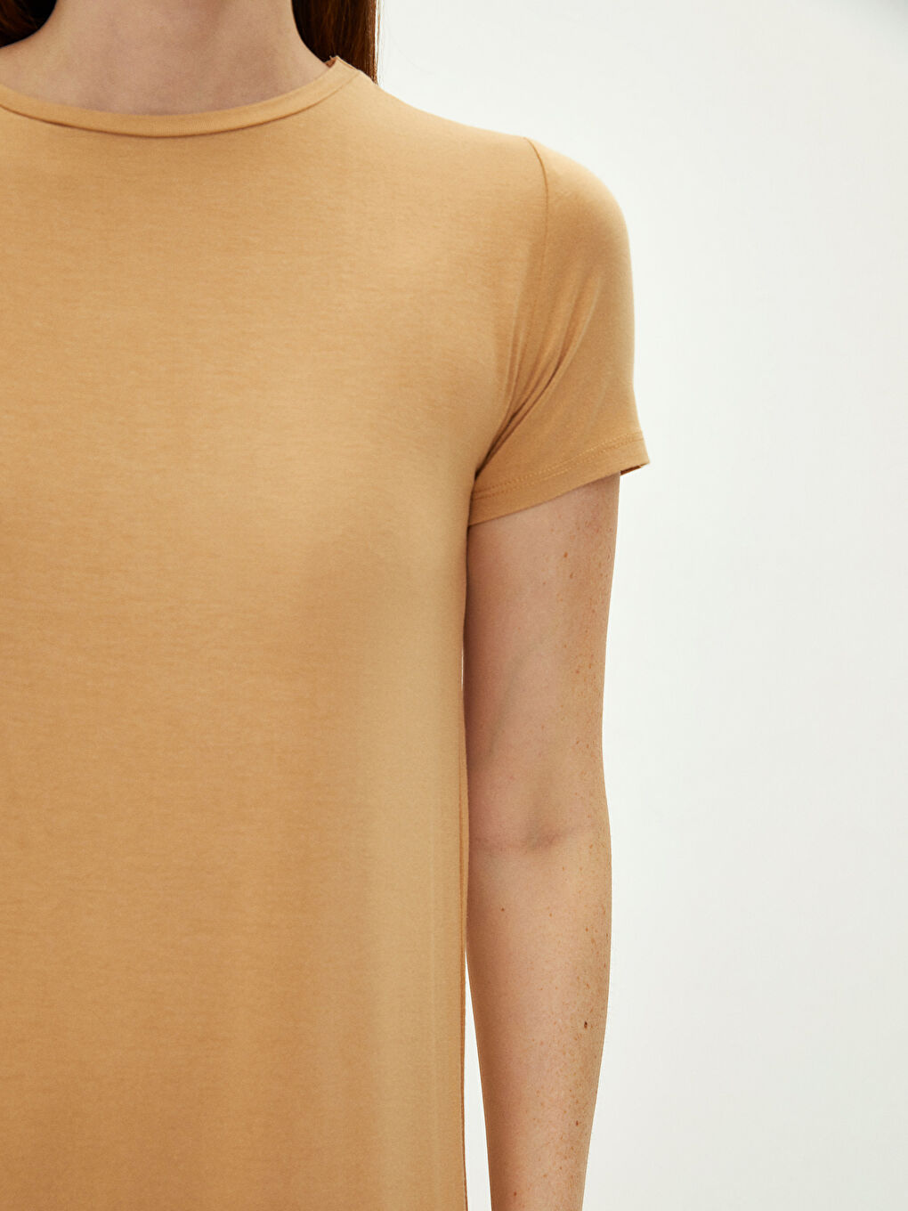 Kahverengi Bisiklet Yaka Düz Kısa Kollu Kadın Tunik-2