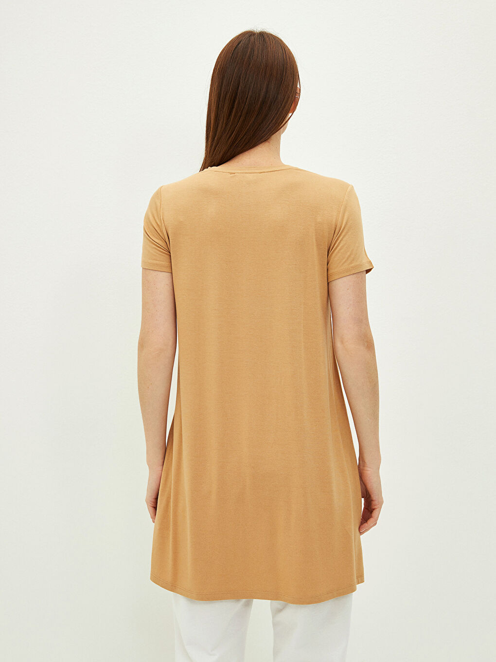 Kahverengi Bisiklet Yaka Düz Kısa Kollu Kadın Tunik-4